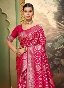 Satin Silk Classic Saree with Woven Work in Rose Pink for Ceremonial