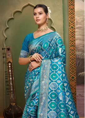 Satin Silk Classic Saree with Woven Work for Ceremonial in Light Blue