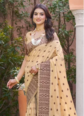Silk Blend Classic Saree with Woven Work for Women in Beige and Brown