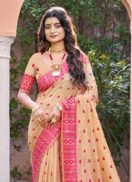 Silk Blend Traditional Saree with Woven Work in Beige and Rose Pink