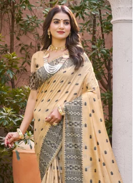 Silk Blend Traditional Saree with Woven Work in Beige and Black for Festival
