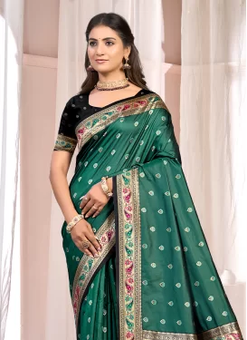 Green Silk Blend Traditional Saree with Woven Work for Festival