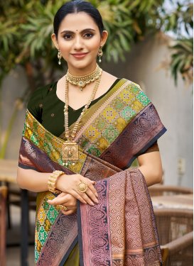 Silk Blend Classic Saree with Woven Work for Women in Olive