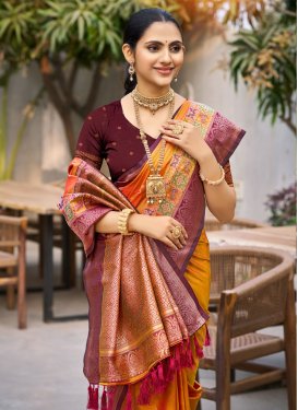 Silk Blend Traditional Saree with Woven Work for Festival in Orange