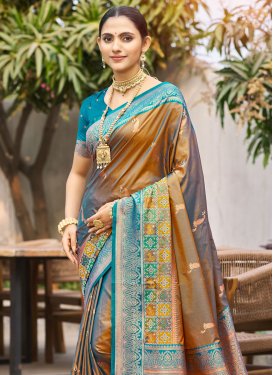 Silk Blend Traditional Saree with Woven Work for Festival in Brown and Light Blue
