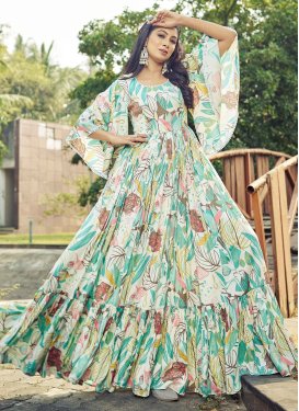 Rayon Designer Gown with Digital Print Work for Festival in Aqua Blue and Off White