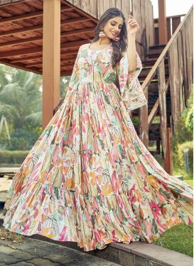 Off White and Pink Rayon Designer Gown with Digital Print Work for Ceremonial