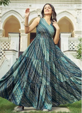 Bandhani Print Work Chinon Designer Gown in Teal for Women