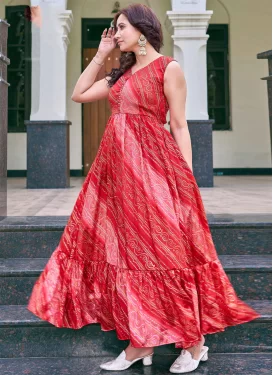 Bandhani Print Work Chinon Trendy Gown in Pink and Red for Ceremonial