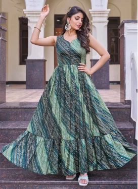 Aqua Blue and Teal Chinon Designer Gown with Bandhani Print Work for Ceremonial