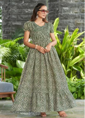 Cotton Silk Trendy Gown with Digital Print Work for Festival in Off White and Olive