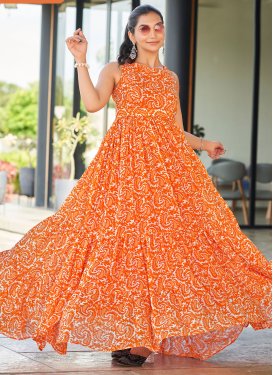Digital Print Work Georgette Trendy Gown in Orange for Women