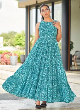 Georgette Trendy Gown with Digital Print Work in Aqua Blue