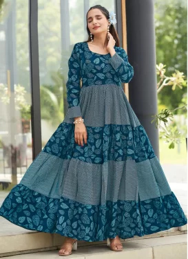Rayon Designer Gown in Teal with Digital Print Work for Festival