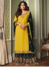 Bottle Green and Yellow Embroidered Work Faux Georgette Palazzo Style Pakistani Salwar Suit - 2