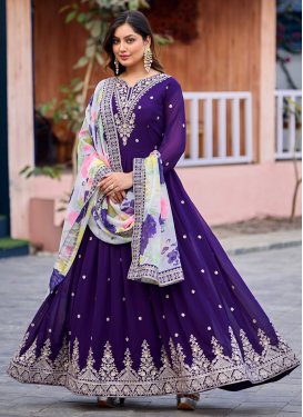 Georgette Designer Gown with Embroidered Work for Festival in Purple