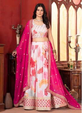 Digital Print Work Chinon Designer Lehenga Choli in Rose Pink and White for Women