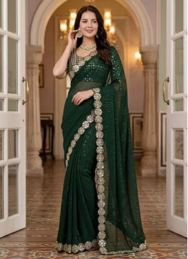 Embroidered Work Georgette Traditional Saree in Green for Festival