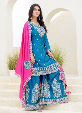 Embroidered Work Chinon Palazzo Suit in Light Blue for Ceremonial