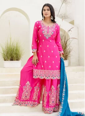 Chinon Palazzo Suit in Rose Pink with Embroidered Work for Ceremonial