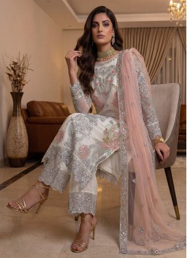 Embroidered Work Net Readymade Salwar Suit in Off White for Women