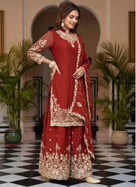 Red Chinon Embroidered Work Palazzo Suit for Women