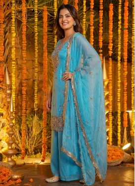 Fendi Silk Palazzo Suit with Embroidered Work for Party in Light Blue