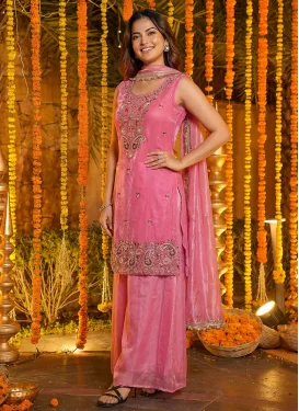 Embroidered Work Fendi Silk Palazzo Suit in Pink for Festival