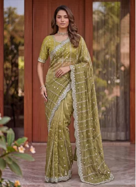 Fendi Silk Trendy Saree in Olive with Cutdana Work for Women