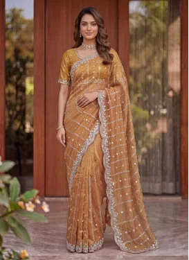 Fendi Silk Trendy Saree with Cutdana Work in Peach