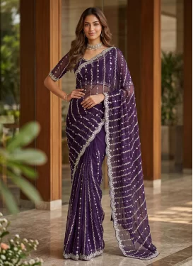 Cutdana Work Fendi Silk Trendy Saree in Purple for Women