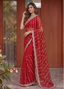 Fendi Silk Trendy Saree with Cutdana Work for Festival in Red