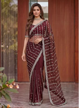 Fendi Silk Traditional Saree with Cutdana Work for Women in Maroon