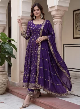Embroidered Work Fendi Silk Anarkali Suit in Purple for Festival
