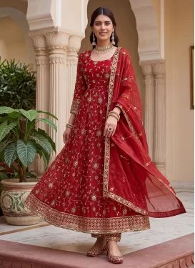 Embroidered Work Anarkali Suit For Festival in Red