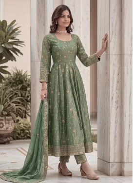 Fendi Silk Anarkali Suit in Sea Green with Embroidered Work for Festival