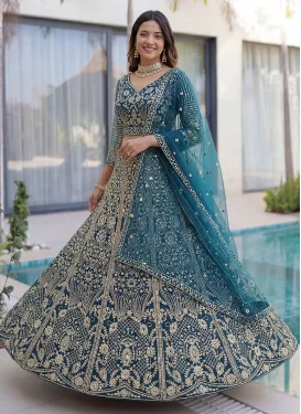 Embroidered Work Net Trendy Lehenga Choli in Teal for Women