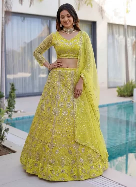 Net Trendy Lehenga Choli with Embroidered Work in Yellow