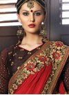 Exceptional Coffee Brown and Crimson Embroidered Work Traditional Saree - 1