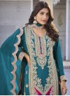 Embroidered Work Rose Pink and Teal Palazzo Straight Salwar Kameez - 2