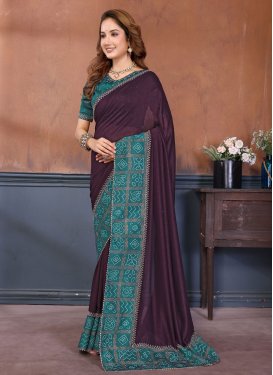 Bandhani Print Work Vichitra Silk Trendy Saree in Teal and Wine for Women