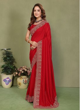 Red Vichitra Silk Classic Saree with Embroidered Work for Ceremonial