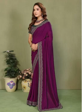 Vichitra Silk Classic Saree with Embroidered Work for Ceremonial in Purple