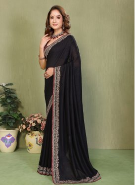 Vichitra Silk Trendy Saree with Embroidered Work in Black