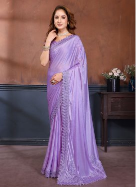 Lavender Lycra Embroidered Work Traditional Saree for Women