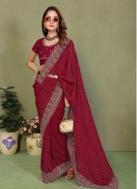 Vichitra Silk Classic Saree with Embroidered Work for Ceremonial in Maroon