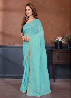 Crush Classic Saree with Embroidered Work in Turquoise for Ceremonial