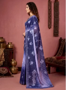 Digital Print Work Trendy Saree For Casual in Navy Blue and Violet