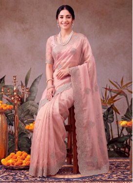 Fancy Fabric Classic Saree with Embroidered Work for Ceremonial in Salmon