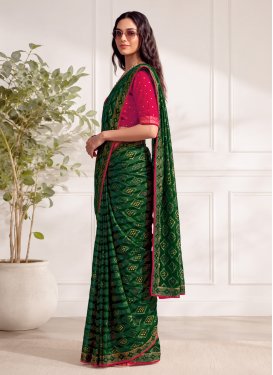 Bandhani Print Work Fancy Fabric Trendy Saree in Green for Ceremonial